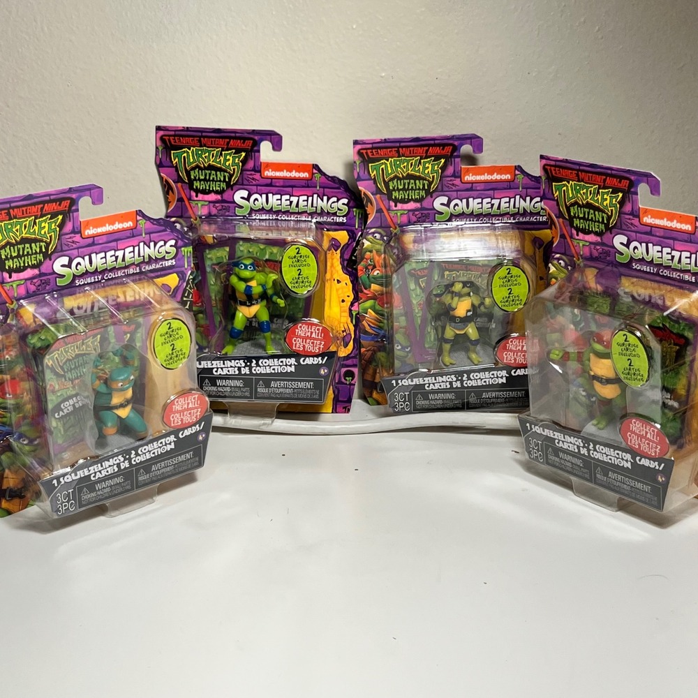Nickelodeon TMNT Mutant Mayhem Squeezelings 4pc Set Green Squeezy Figures Cards